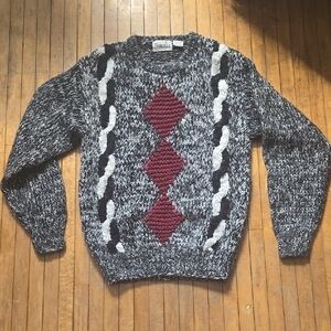 Gray and Red Patterned Sweater